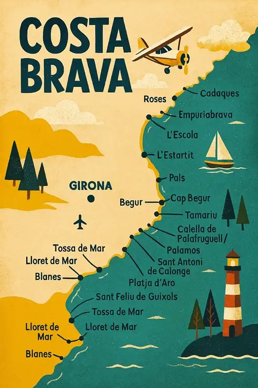 Costa Brava térképe. A partvonalon a turisták által felkapott területek.