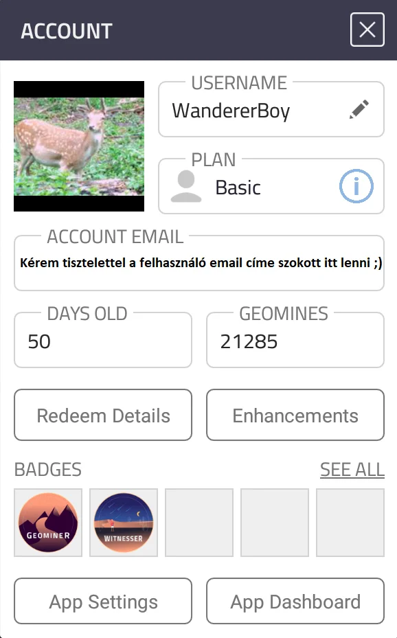 XYO COIN app - felhasználói fiók részletei