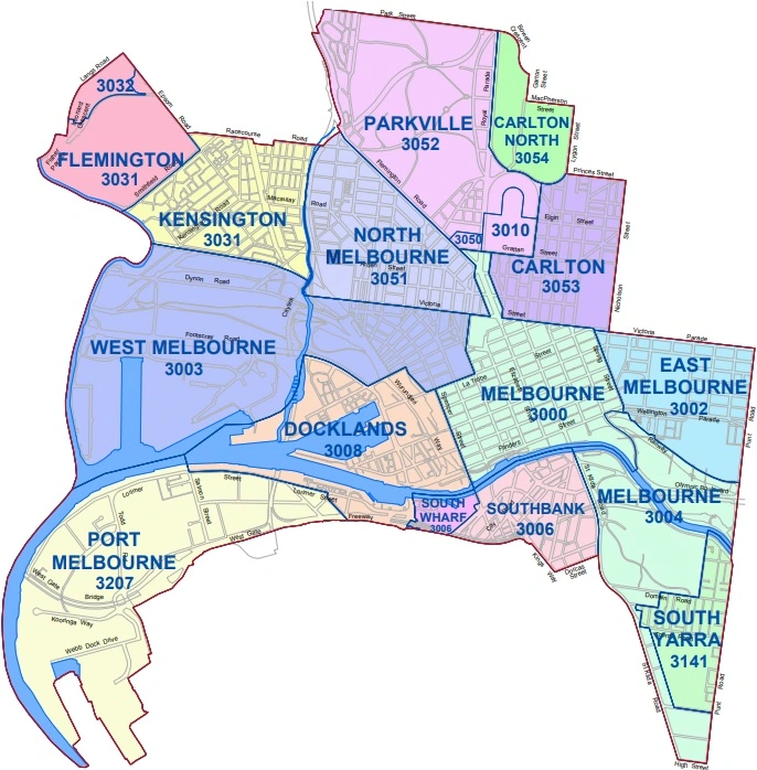 Ausztrália, Victoria állam, Melbourne látnivalók. Victoria állam fővárosa, nagyított közeli térkép.