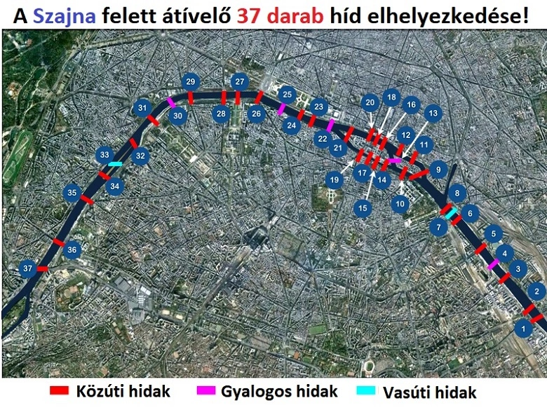 A Szajna folyón Párizsban az átkelést 37 darab híd biztosítja, ez a hidak elhelyezkedésének térképe.