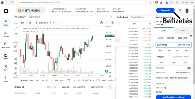 A Coinbase komplex kereskedési felülete PC-n.