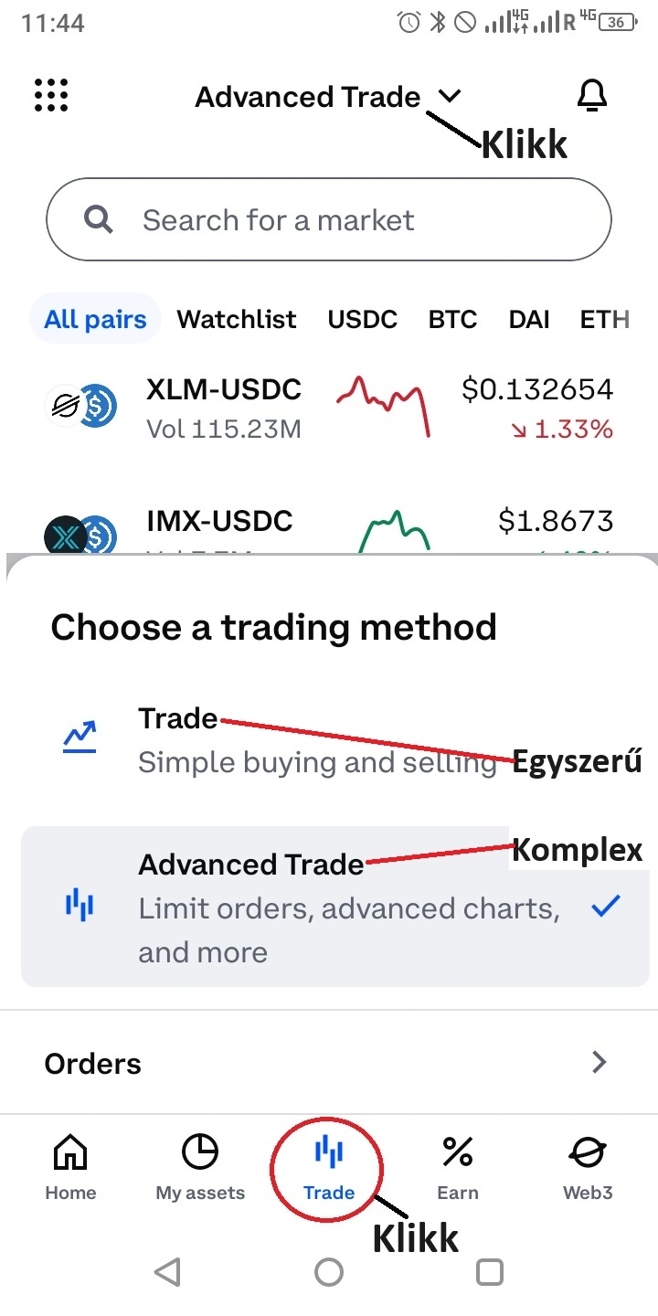 Coinbase egyszerű és komplex (simple és advanced) felhasználói felületének kiválasztása mobiltelefonon.