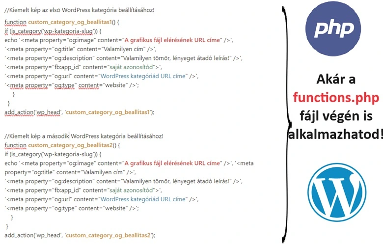 WordPress kiemelt kép beállítása, hogy a Facebook is megegye! A WordPress sablon functions.php fájljában kényelmesen elhelyezhető a WordPress kategóriák kiemelt képeihez szükséges META OG TAG-ek!