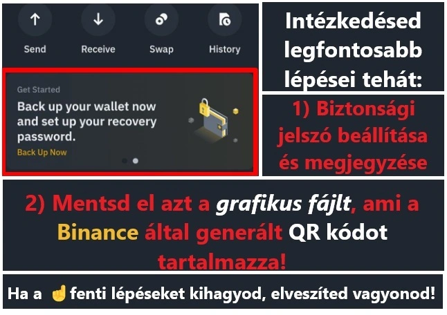 Binance Web3 Wallet beállítása ami az MPC technológián alapul. Gondoskodj a helyreállítási jelszó beállításáról és megjegyzéséről, valamint a generált QR kódot is mentsd el!