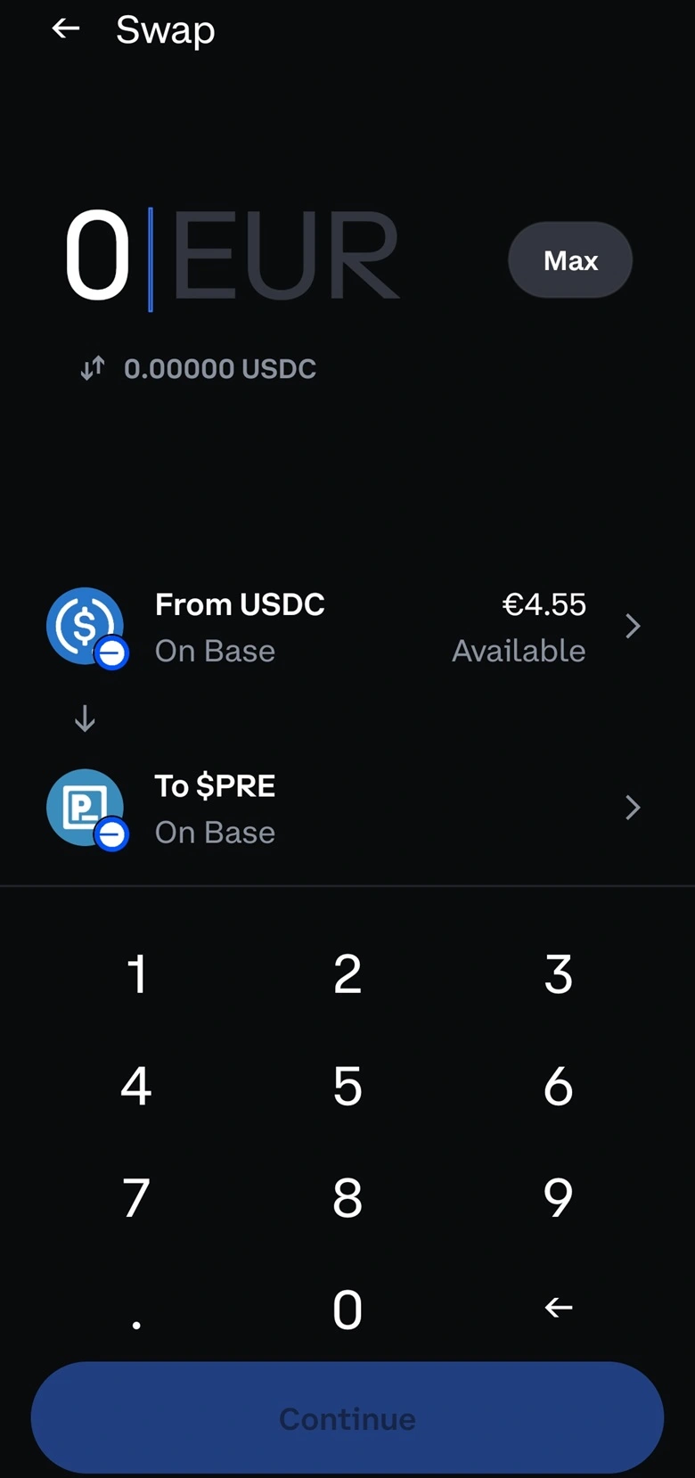 Coinbase Wallet segítségével USDC stablecoin PRE tokenre váltása a SWAP funkció segítségével.