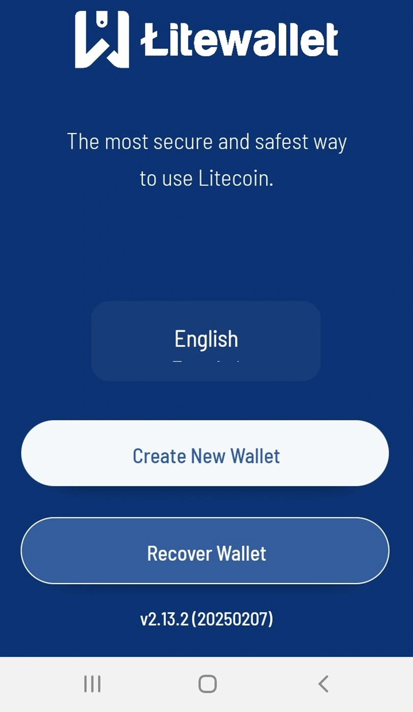 Litewallet kriptotárca Android verziójának nyitóképe rögtön az első elindítás után! 