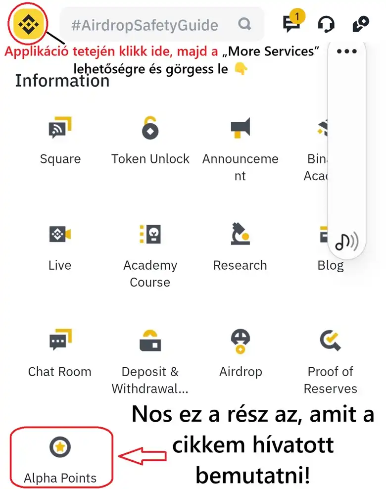 Ez a képelem, ami a Binance applikáció alapján lett elkészítve, prezentálja, hogy a Binance Alpha Pontok egyenlegét, hol tudod megnézni.