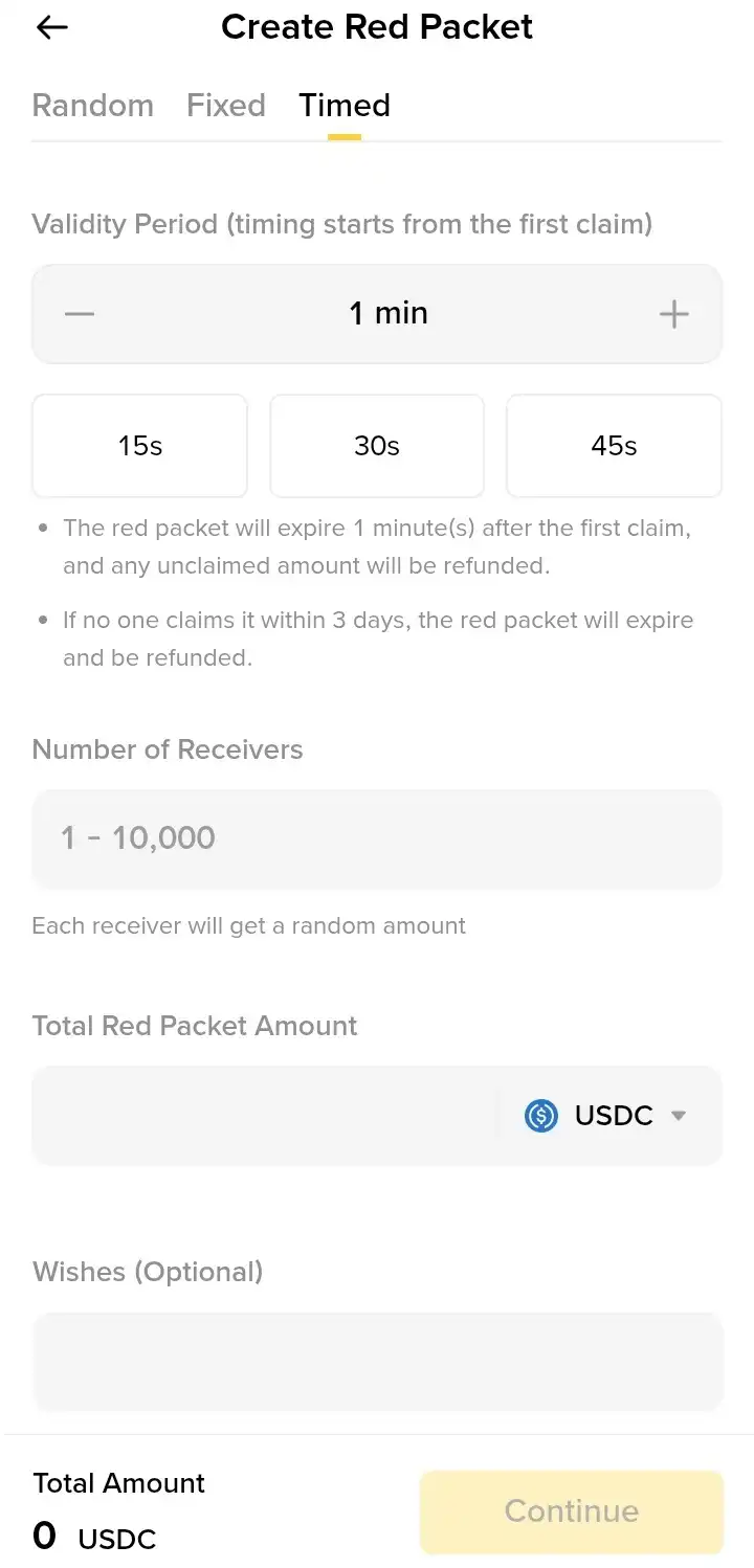 Az időzített Binance Red Packet opció kiváló arra, hogy olyan utalványkódot generálj. ami csak egy bizonyos ideig lesz beváltható. Ez olyankor hasznos, amikor gyorsított kampányt szeretnél lefolytatni.