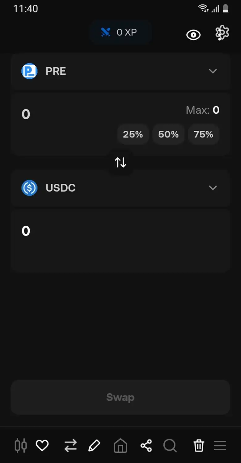 defi app kiriptotárca mobilos, Android változatának SWAP funkcióját mutatja ez a kép.