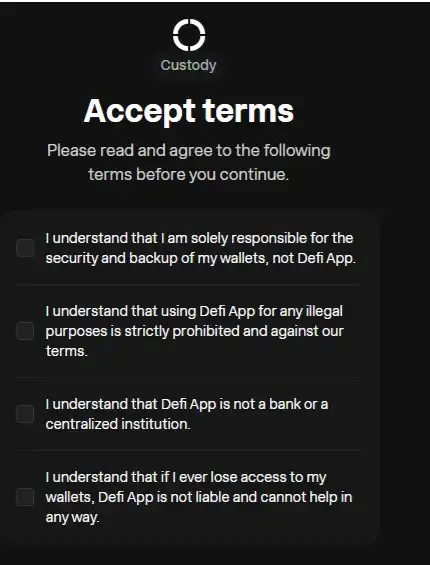 A defi app kriptotárca létrehozásakor ezeket elfogadjuk!