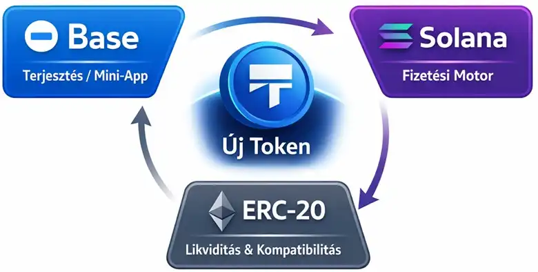 Az általam készített infografika, megpróbálja bemutatni a Presearch új multichain token‑architektúráját: középen az Új Token, körülötte a Base (terjesztés és Mini‑App), a Solana (fizetési motor) és az ERC‑20 (likviditás és kompatibilitás) hálózatok. Ez az amire a PRE migráció után számíthatunk.