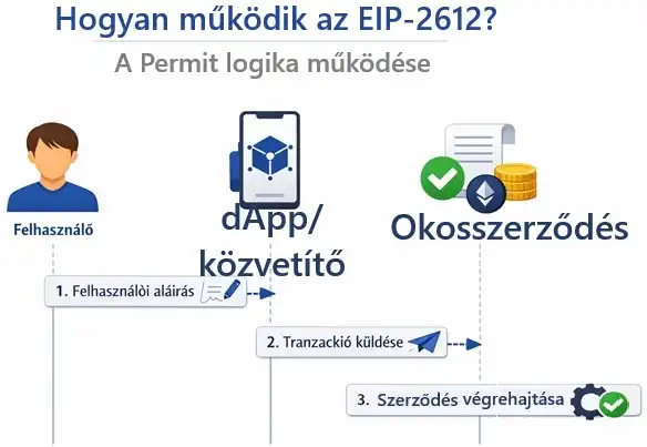 Az EIP‑2612 Permit logikájának működése magyar nyelvű folyamatábrán: felhasználói aláírás, dApp közvetítés, okosszerződés végrehajtás. Gasless token‑jóváhagyás vizuális bemutatása Web3 környezetben.
