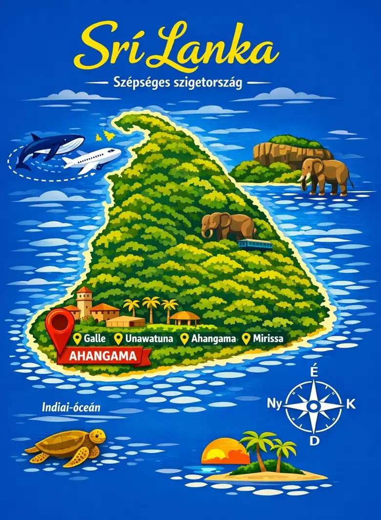 Srí Lanka látnivalók térképe – Ahangama a délnyugati parton, Galle, Unawatuna és Mirissa között, az Indiai‑óceán mentén. Remek hotel opciókkal vár Rád!