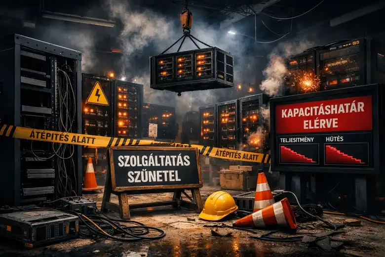 AI infrastruktúra kapacitásválságot jelző túlterhelt adatközpont.