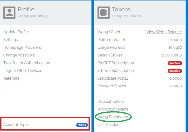 Web3 irányítópult, ahonnan kényelmesen elérhető a Presearch Platform Wallet